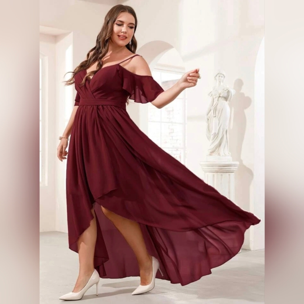 SHEIN Bell Plus Cold Shoulder High Low Hem Chiffon Prom Bridesmaids Dress